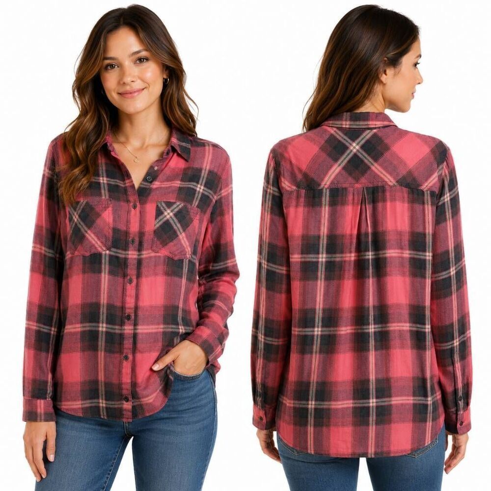 Maurices plaid button down shirt Long sleeves button cuffs roll-tab, S